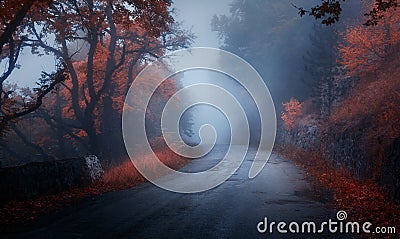 Mystical autumn forest with road in fog Stock Photo