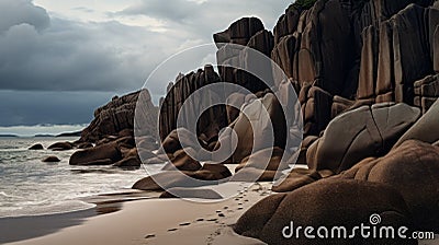 Mystical Beach Landscapes: Bold And Dynamic Rocks Under Dark Cloudy Sky Stock Photo