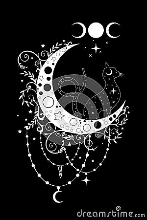 Mystical black cat over celestial crescent moon and triple goddess, witchcraft symbol, witchy esoteric logo tattoo. esoteric Vector Illustration