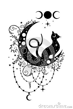 Mystical black cat over celestial crescent moon and triple goddess, witchcraft symbol, witchy esoteric logo tattoo esoteric wiccan Vector Illustration