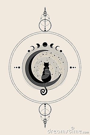 Mystical Black Cat sitting on the crescent Moon, look at the stars. Moon Phases wheel. Logo Wicca symbol, boho style, tattoo icon Vector Illustration