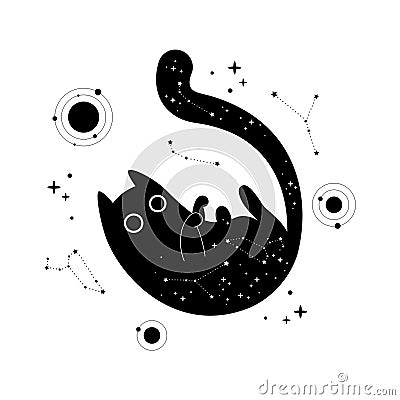 Mystical black cat with stars Vector Illustration