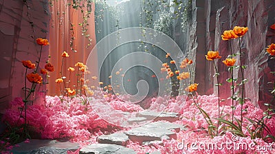 Mystical Blossoms in Tranquil Oasis, Cascading Waterfalls, Serene Nature Scene Stock Photo