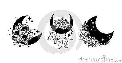 Mystical boho floral moon isolated cliparts bundle, celestial magic moon, space peony flowers and sunflowers silhouettes Vector Illustration