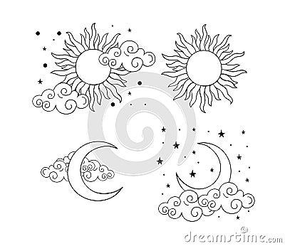 Mystical boho tattoos with sun, crescent, stars and clouds. Linear design, hand drawing. Set of elements for astrology Vector Illustration