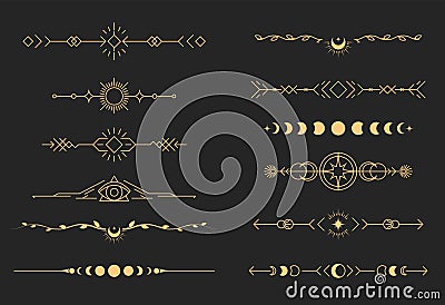 Mystical book vignettes in tarot style, esoteric dividers and separators set, magic delimiters Vector Illustration