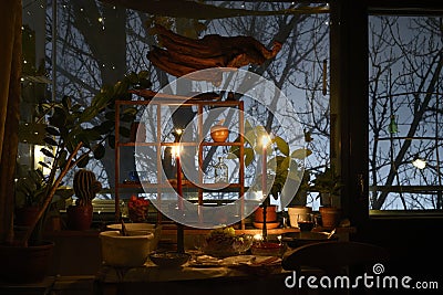 Mystical candle-lit room and trees in foggy twilight outside the window Stock Photo