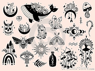 Mystical celestial clip art bundle, Mysticism and esoteric, Flower moon, dream catcher, moon phases, cosmic whale Vector Illustration