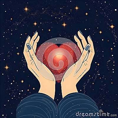 Mystical celestial woman hands with heart between them as metaphor of love or hope. Starry space texture background. Stock Photo