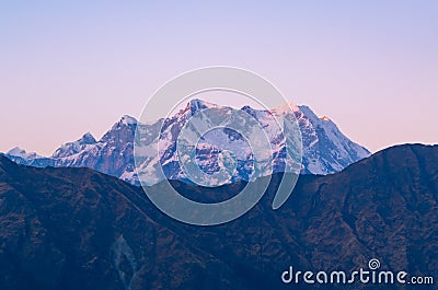 Mystical Chaukhamba peaks of Garhwal Himalayas during sunset from Tungnath Chandrashilla trail. Stock Photo