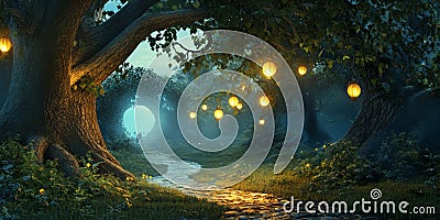 A mystical 3D background of an enchanted glade, where floating lanterns drift between ancient oak Stock Photo