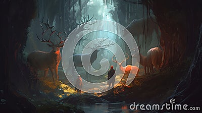 A mystical deer in dark jungle generative AI Stock Photo