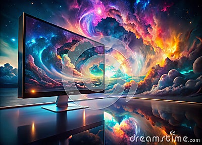 A Mystical Digital Workspace Exploring Surrealism in a Blank Computer Screen and Abstract Desktop Design Stock Photo