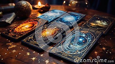 Mystical Divination Exploring Cosmic Patterns with Tarot Stock Photo