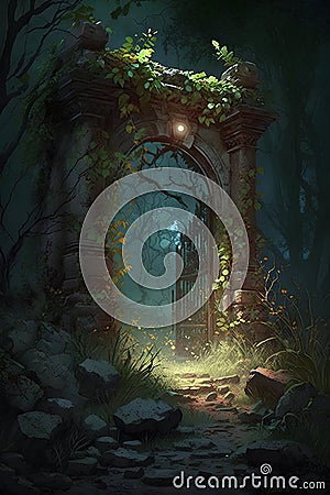 Mystical door in the dark forest, 3D illustration. Cartoon Illustration