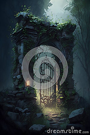 Mystical door in a dark forest. 3D rendering. Stock Photo