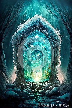 Mystical door in a dark forest. Fantasy illustration. Digital painting Cartoon Illustration