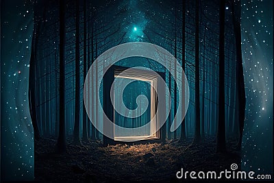 Mystical door in the dark forest with light coming out of it Stock Photo