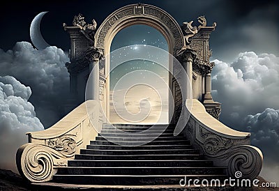 Mystical door in the sky with moon and stars. Generative AI illustration Cartoon Illustration
