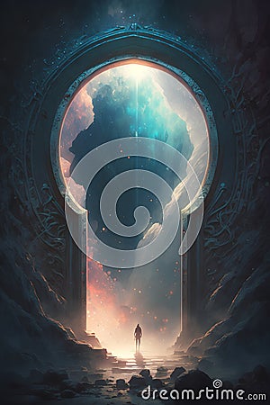 Mystical door in surreal landscape. 3d render illustration. Cartoon Illustration