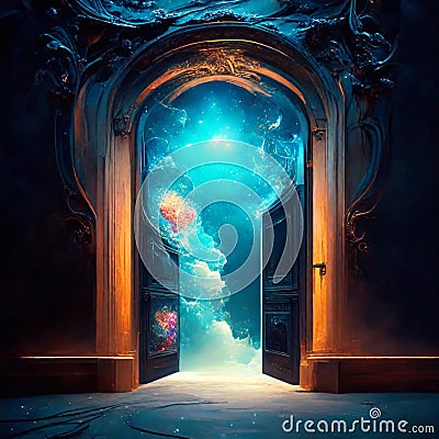 Mystical door to heaven. 3D illustration. Fantasy. generative AI Cartoon Illustration