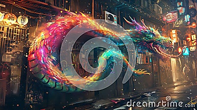 Mystical Dragon Graffiti on City Wall./n Stock Photo