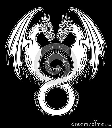 Mystical drawing: a double dragon, Uroboros, a snake with two heads. Vector Illustration