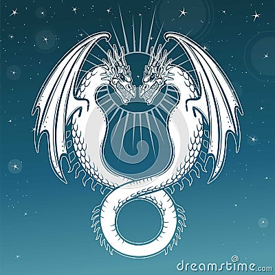 Mystical drawing: double white dragon, Uroboros, a snake with two heads. Vector Illustration