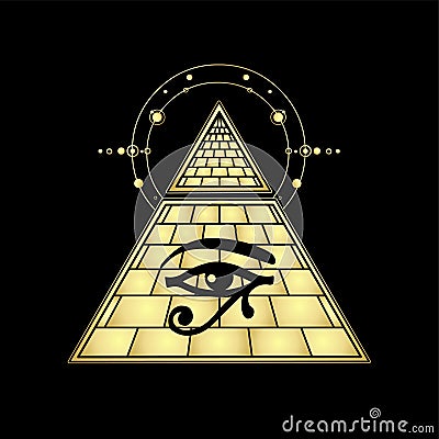 Mystical drawing: Egyptian pyramid with separated top emits energy. Eye of god Horus. Vector Illustration