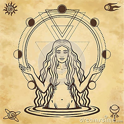 Mystical drawing: the female goddess, Circle phase of the moon. Vector Illustration
