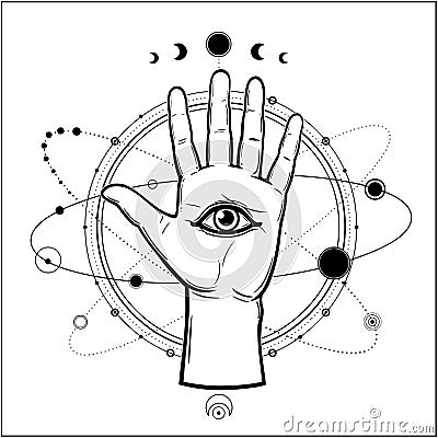 Mystical drawing: human hand holds the universe. Planets and stars rotate in orbits around the palms. Vector Illustration
