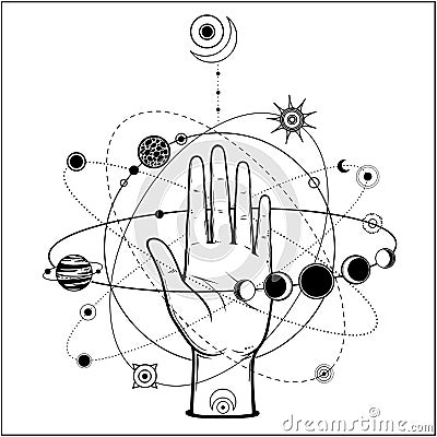 Mystical drawing: human hand holds the universe. Vector Illustration