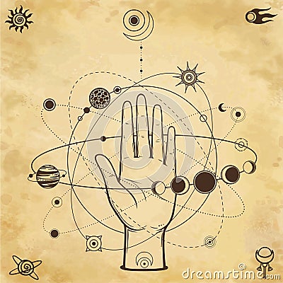 Mystical drawing: human hand holds the universe. Planets and stars rotate in orbits around the palms. Vector Illustration