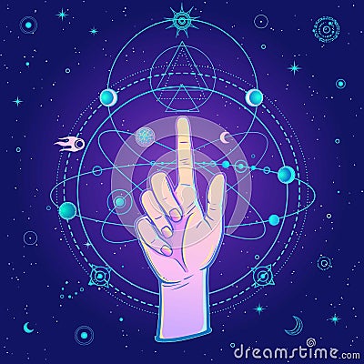 Mystical drawing: human hand Indicates space symbols. Vector Illustration