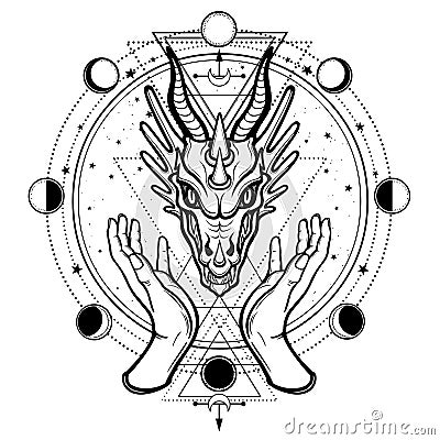 Mystical drawing: human hands hold the head of a dragon. Vector Illustration