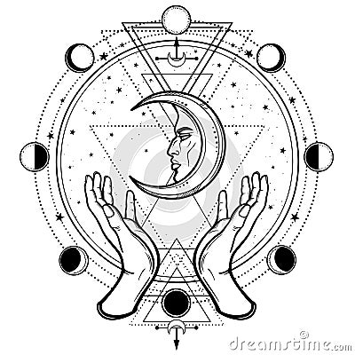 Mystical drawing: human hands hold the moon. Sacred geometry. Vector Illustration