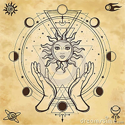 Mystical drawing: human hands hold the sun. Circle of a phase of the moon. Vector Illustration