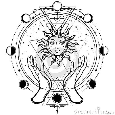 Mystical drawing: human hands hold the sun. Vector Illustration