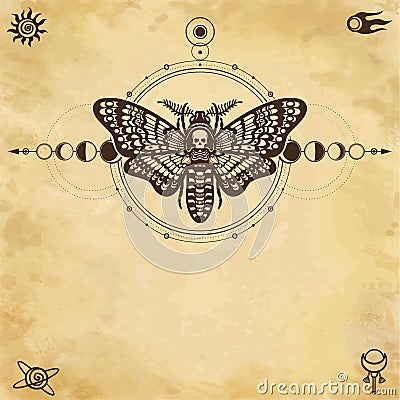 Mystical drawing: moth Dead Head, sacred geometry, moon phases, energy circles. Vector Illustration