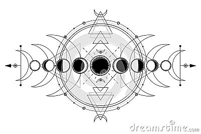 Mystical drawing: phases of the moon, energy circles. Sacred geometry. Vector Illustration