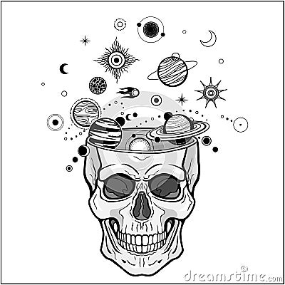Mystical drawing: Planets fly out of the human skull, cosmic symbols. Vector Illustration