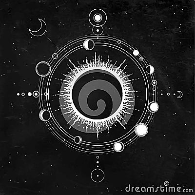 Mystical drawing: stylized Solar system, moon phases, orbits of planets, energy circle. Sacred geometry. Vector Illustration