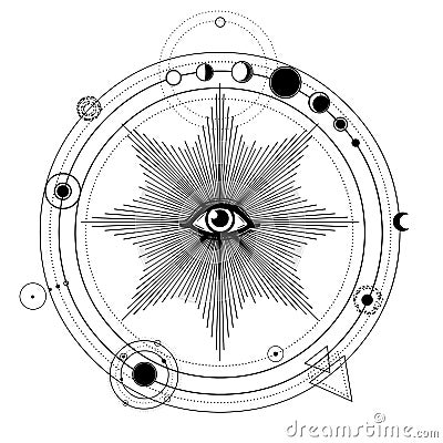 Mystical drawing: stylized Solar System, orbits of planets, Phases of the moon. Vector Illustration