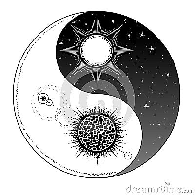 Mystical drawing: Stylized sun and moon, day and night, cosmic dualism. Zen symbol. Stock Photo