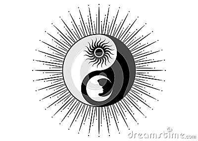 Mystical drawing Stylized sun and moon sacred logo design, day and night. Zen symbol. Ying yang sign of harmony and balance. SIGN Vector Illustration