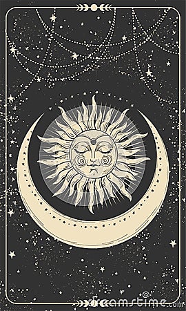 Mystical drawing of the sun with a face and a crescent moon, tarot cards, boho illustration, magic card. Golden sun with Vector Illustration