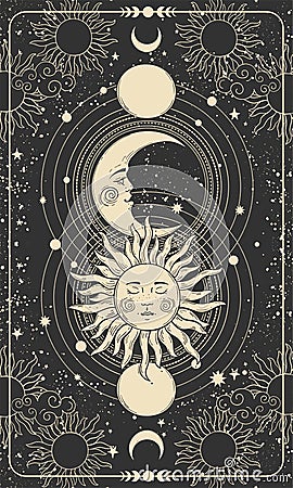 Mystical drawing of sun with face, moon and crescent moon, background for tarot card, magic boho illustration. Golden sun with Vector Illustration