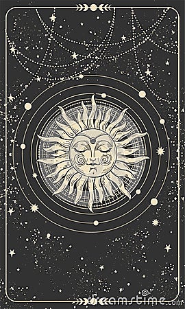 Mystical drawing of the sun with a face, tarot cards, boho illustration, magic card. Golden sun with closed eyes on a black Cartoon Illustration