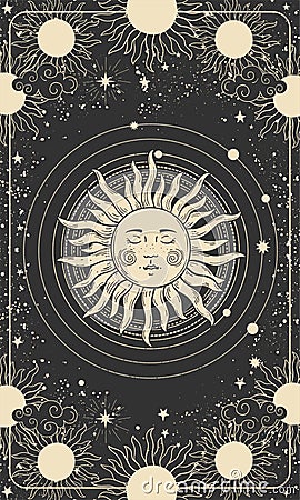 Mystical drawing of the sun with a face, tarot cards, boho illustration, magic card. Golden sun with closed eyes on a Vector Illustration