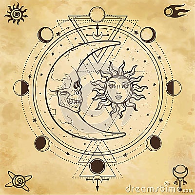 Mystical drawing: sun and moon with human faces, circle of a phase of the moon. Vector Illustration